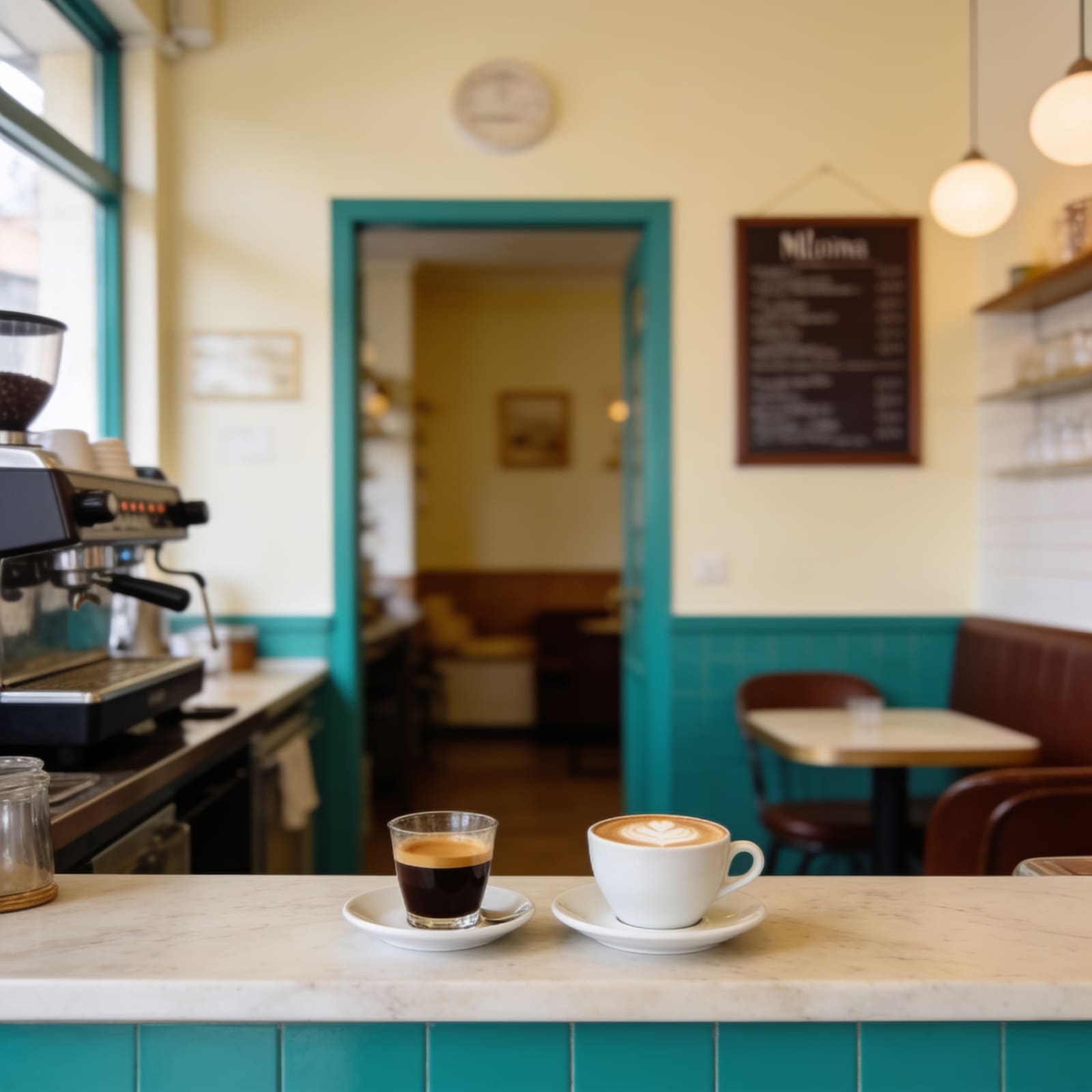 Espresso e cappuccino sul bancone di una caffetteria di quartiere a Milano