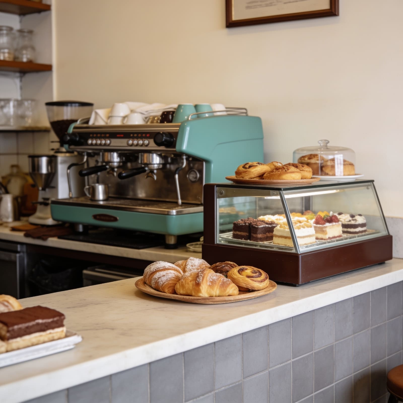 Bancone di Senabonasa Caffè con macchina espresso e vetrina dei dessert